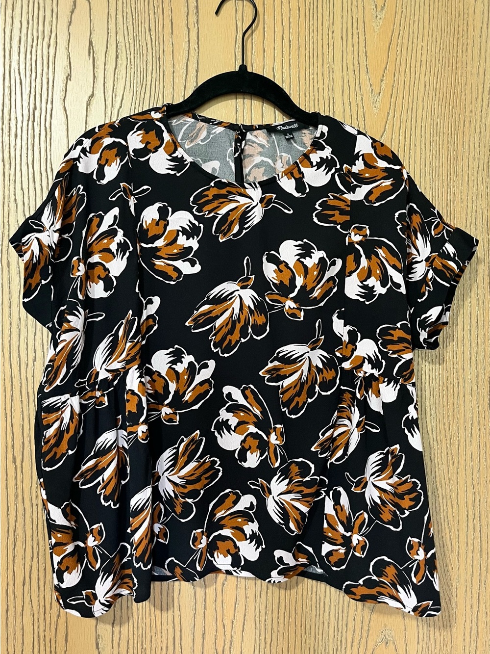 Madewell Cuffed-Sleeve Shirred Top Small Black Duskblossom Floral Blouse